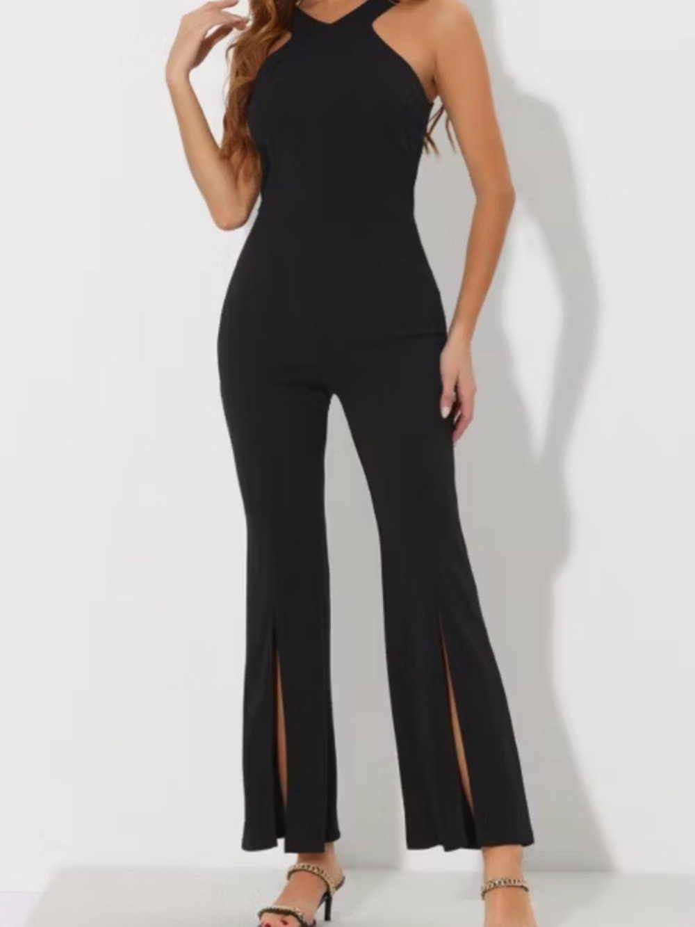 Women Black Halter Neck Sleeveless High Waist Split Hem Flare Leg Jumpsuit, S